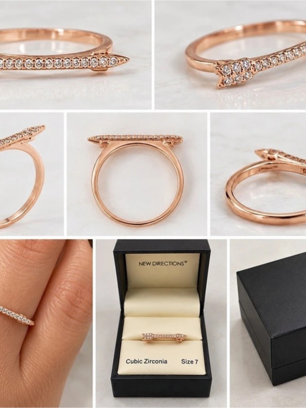 NIB New Directions Rose Gold Club Havana Arrow CZ Ring Size 7
